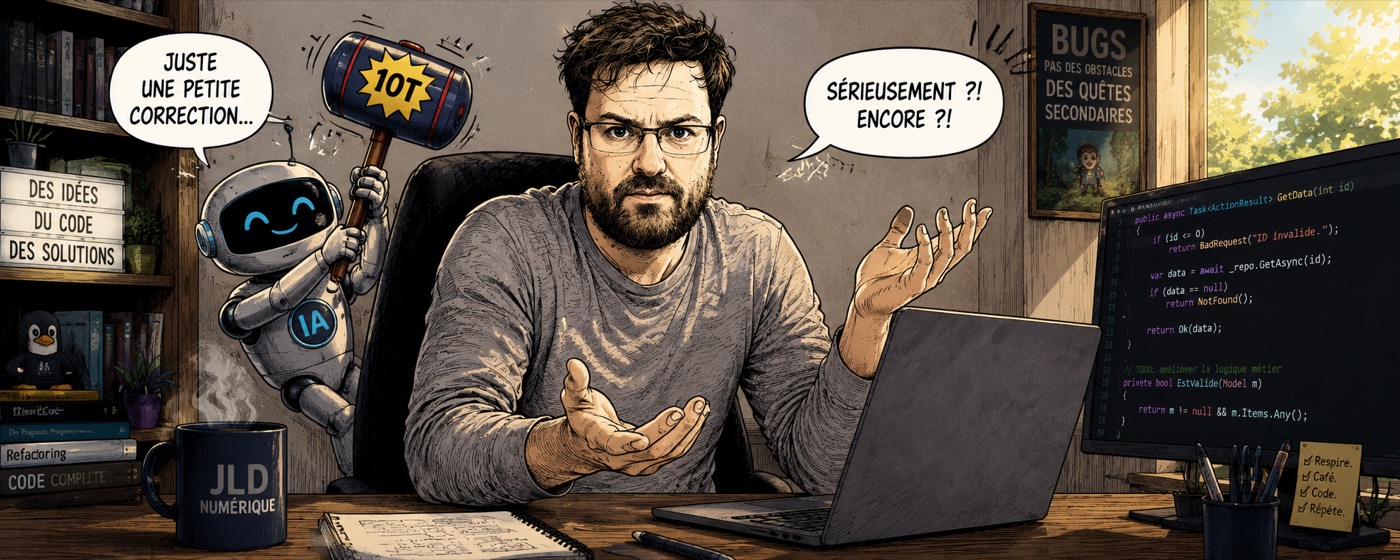 Jérémy Le Diagon et son assistant robot IA se chamaillent avec humour devant un ordinateur